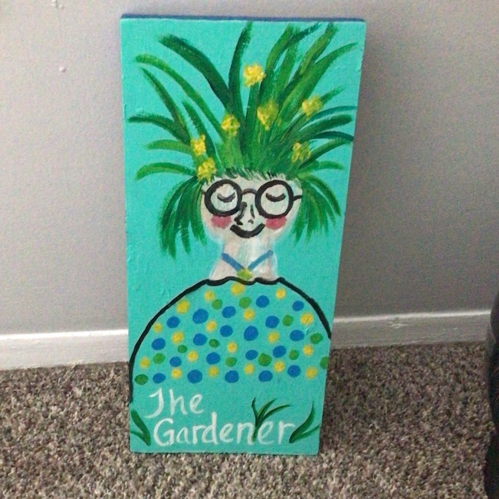 Handpainted whimsical wooden sign “the gardener”